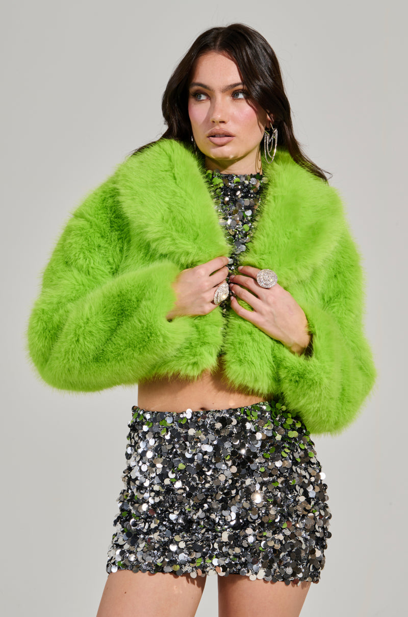 LIGHTS OUT CROPPED FAUX FUR JACKET IN LIME