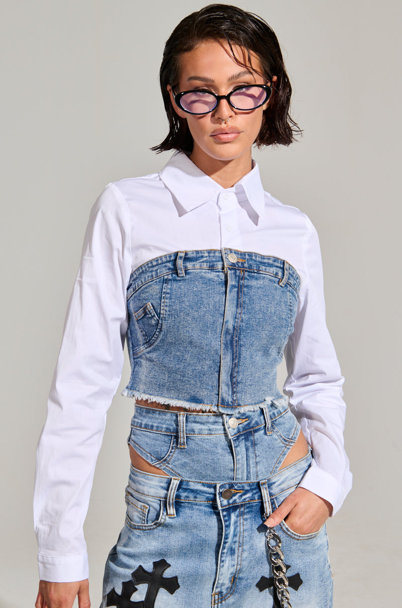 SITTING PRETTY POPLIN & DENIM LONG SLEEVE TOP