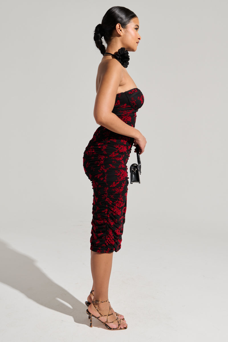 CLARA FLORAL VELVET BURNOUT MIDI DRESS