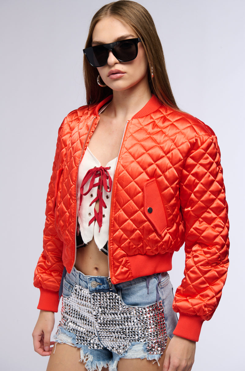 NEVER BETTER QUILTED SATIN BOMBER IN RED