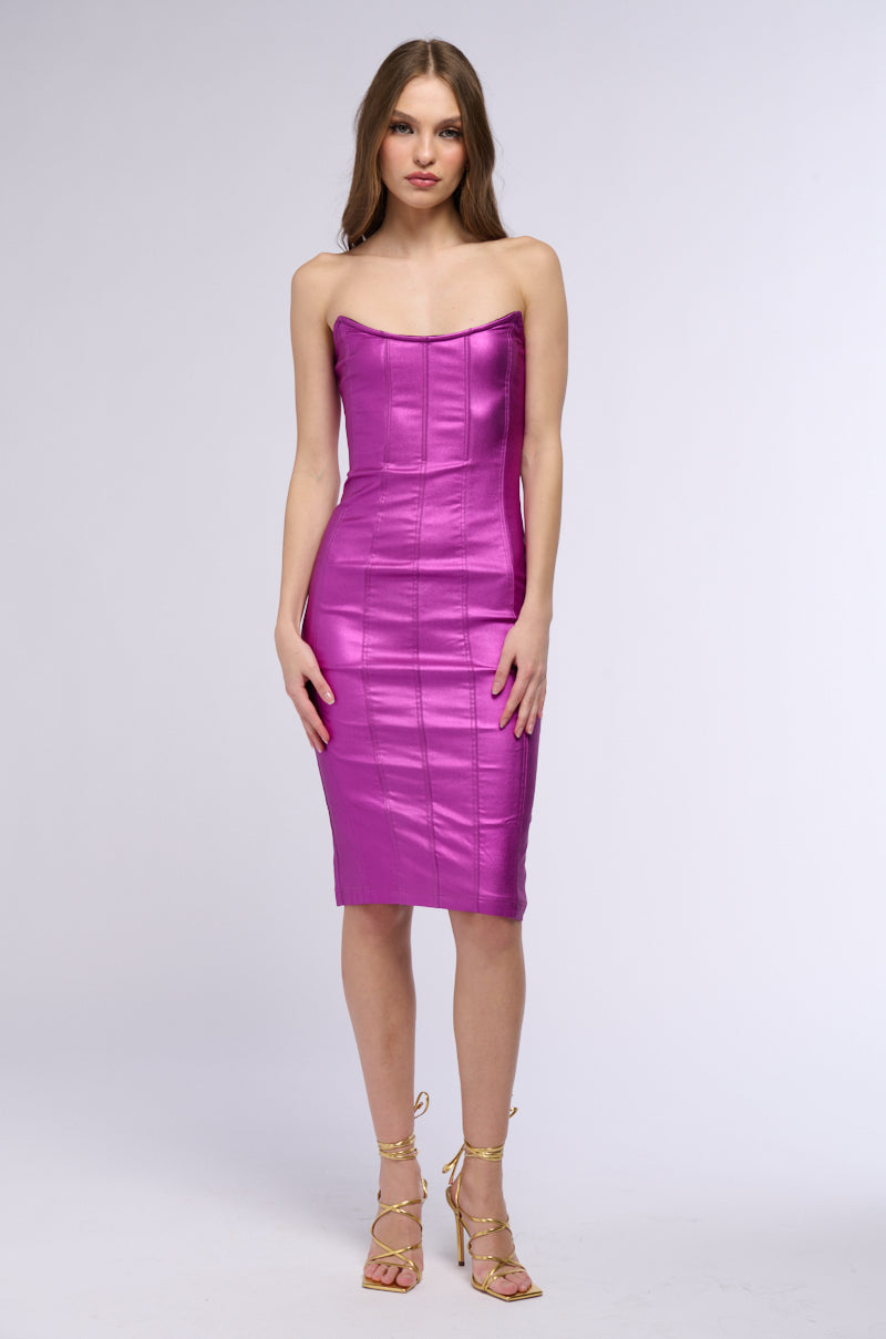 MEET ME IN THE METALLICS MIDI DRESS IN PURPLE