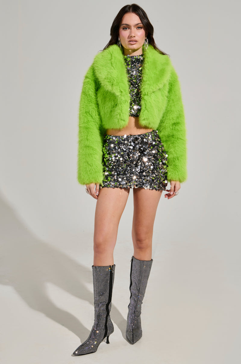 LIGHTS OUT CROPPED FAUX FUR JACKET IN LIME