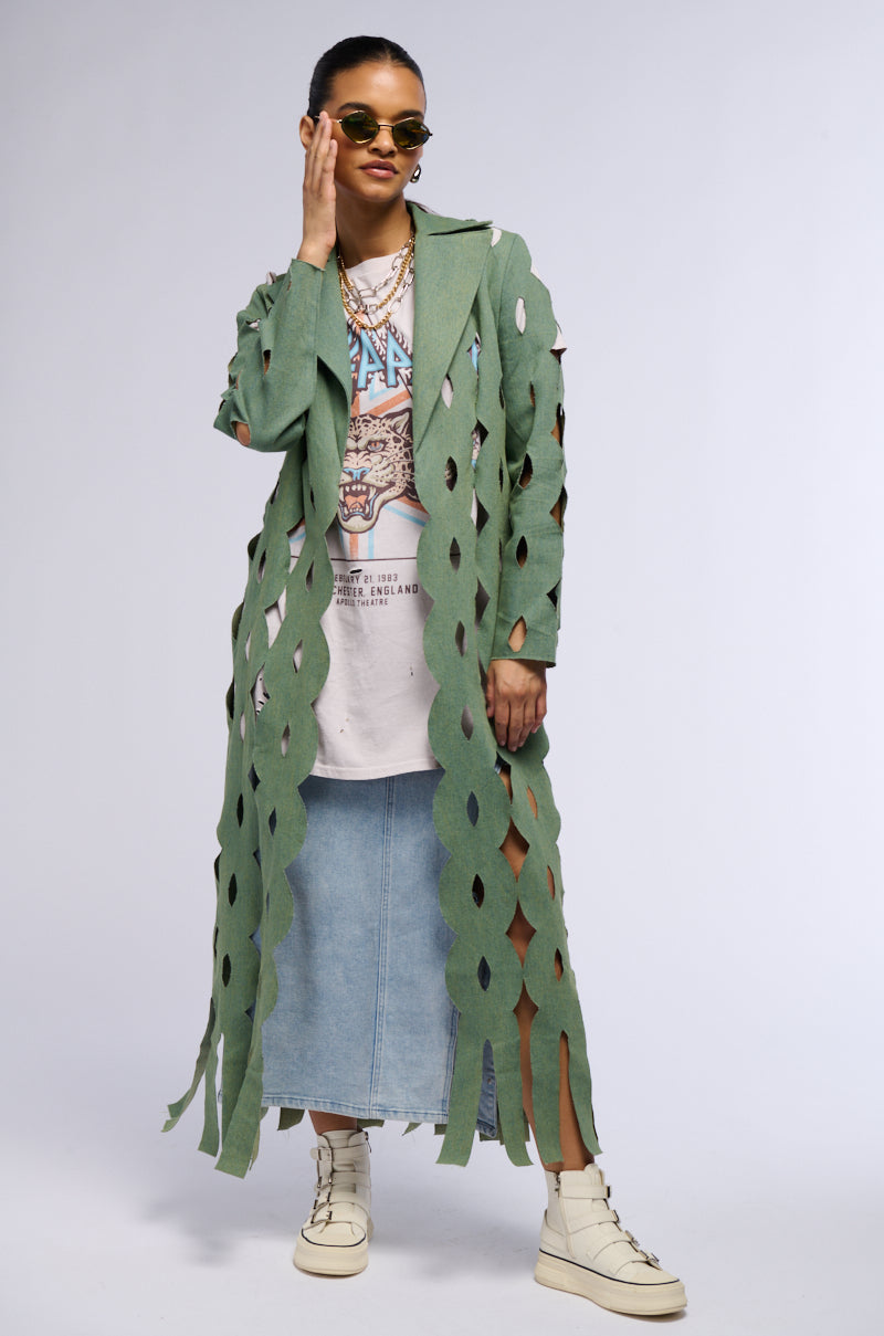 DENIM LASER CUT DUSTER IN GREEN