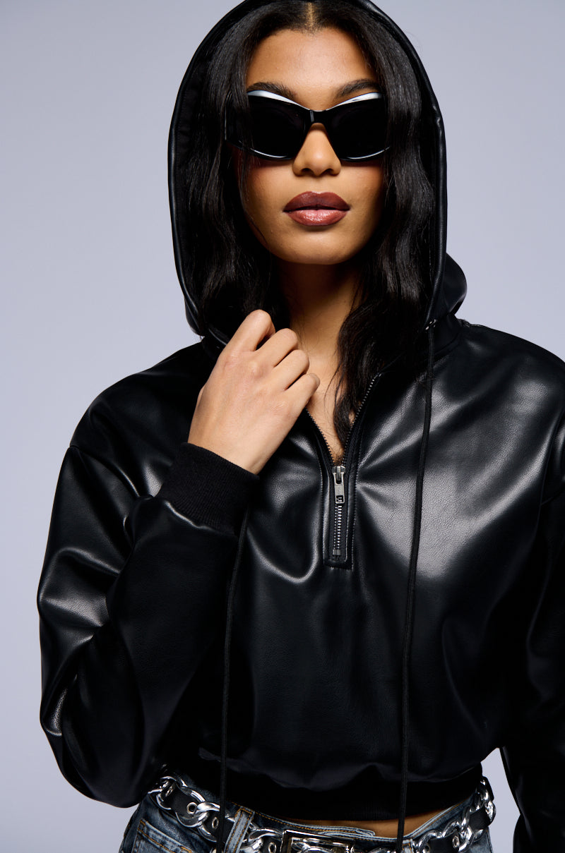 ALEX FAUX LEATHER ZIP FRONT SWEATSHIRT