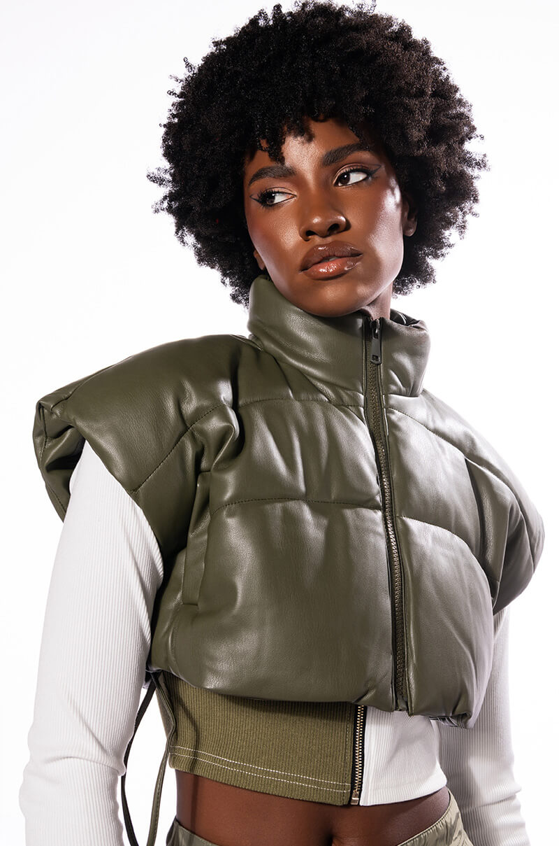 ULTRA CROP PU VEST WITH PULL STRINGS IN OLIVE