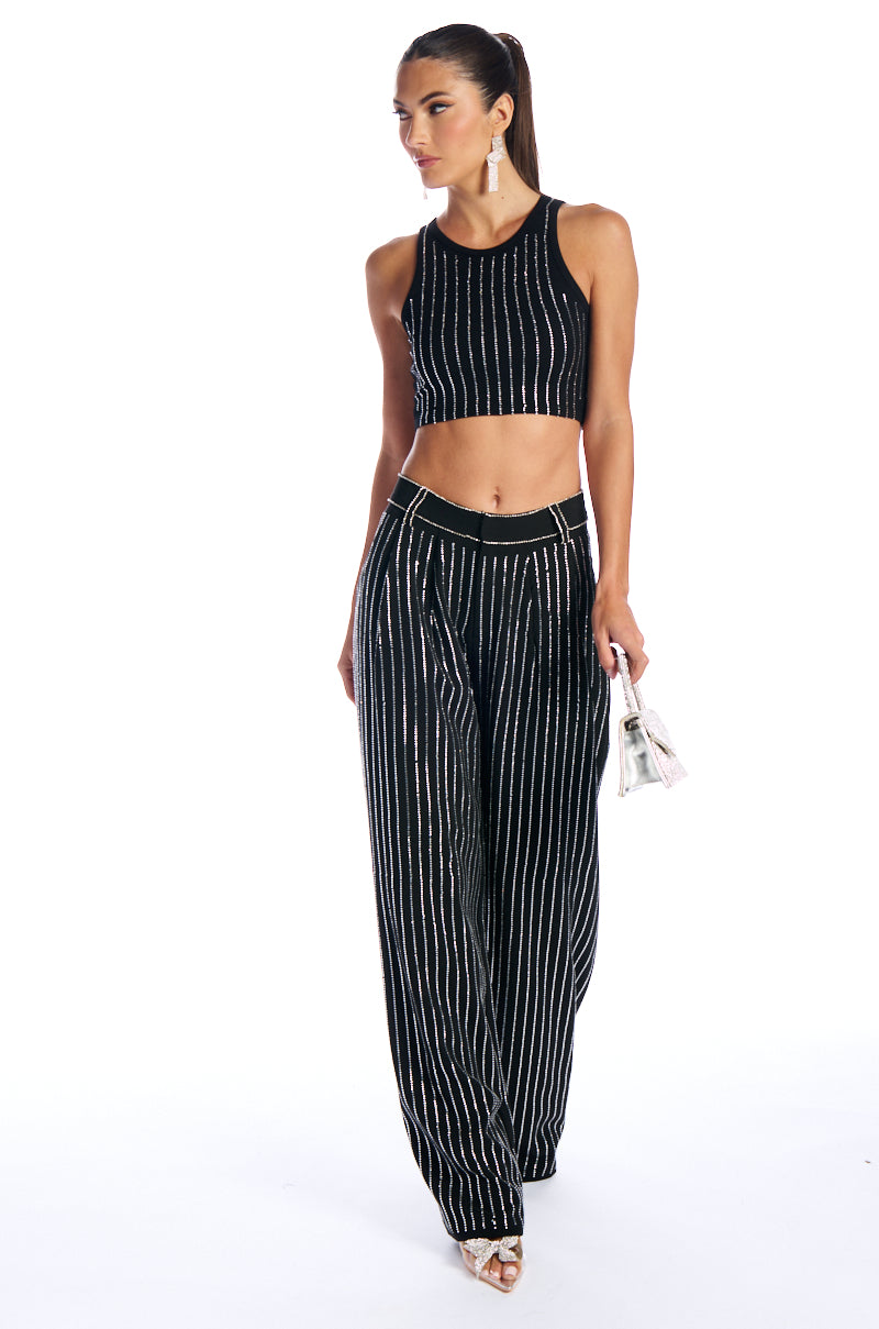 NOLLAN RHINESTONE STRIPE WIDE LEG TROUSER