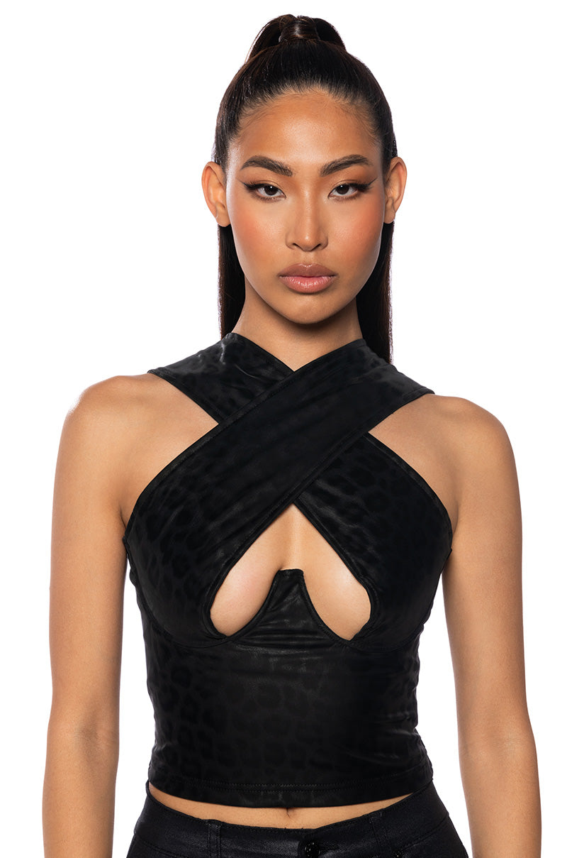 LET YOU KNOW FAUX LEATHER HALTER TOP