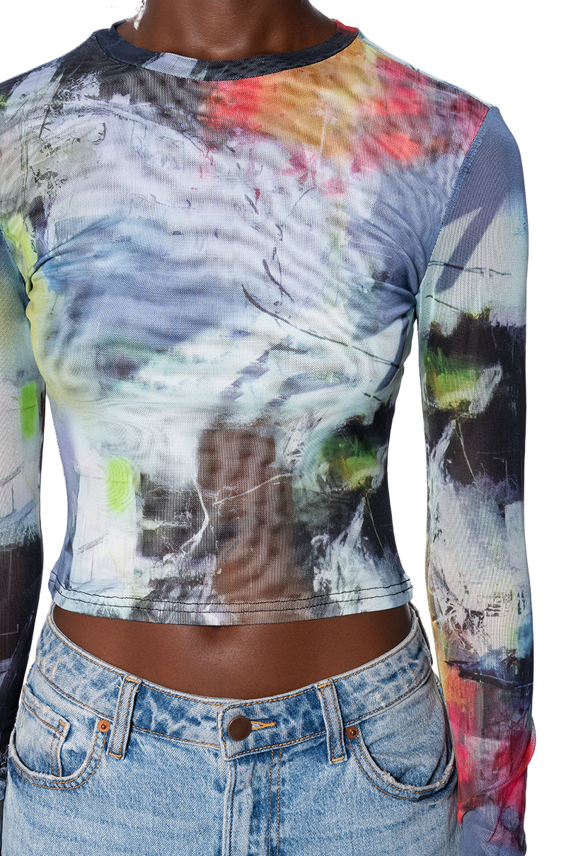 ABSTRACT ART LONG SLEEVE MESH TOP