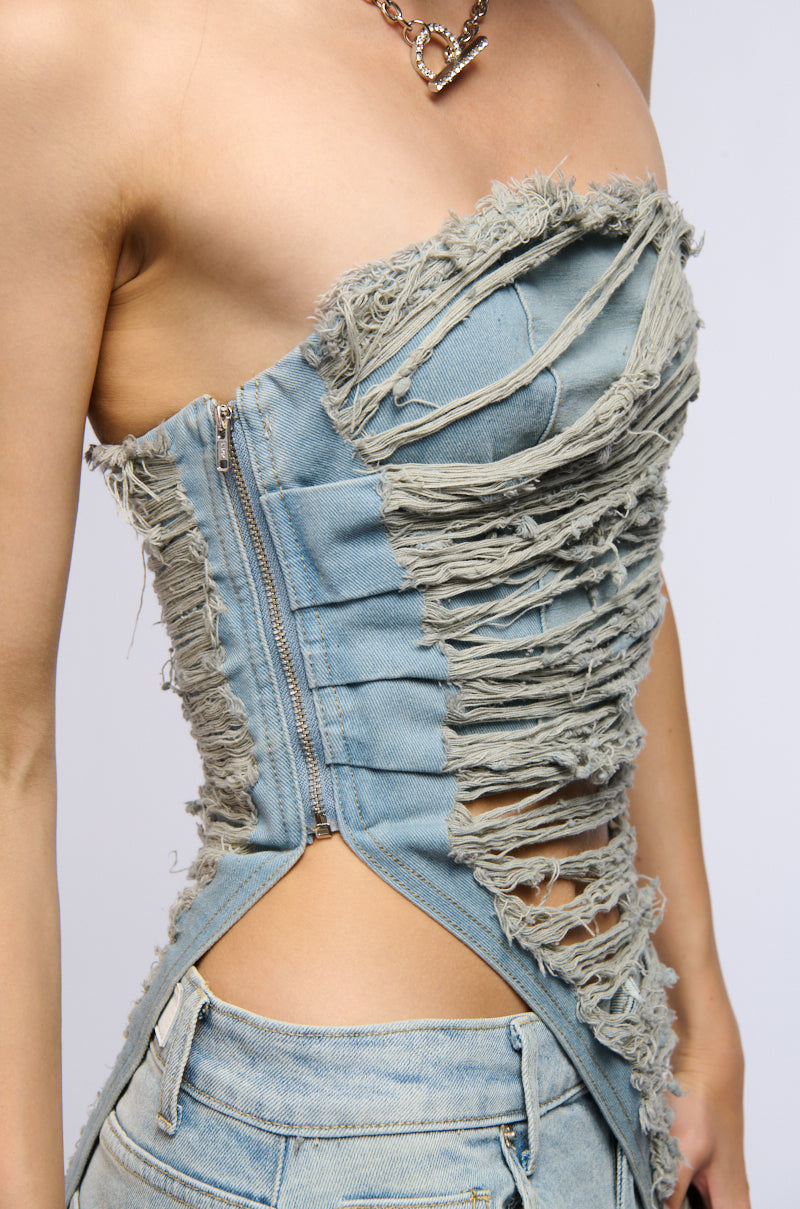 TAKE ME DOWN DISTRESSED DENIM TOP