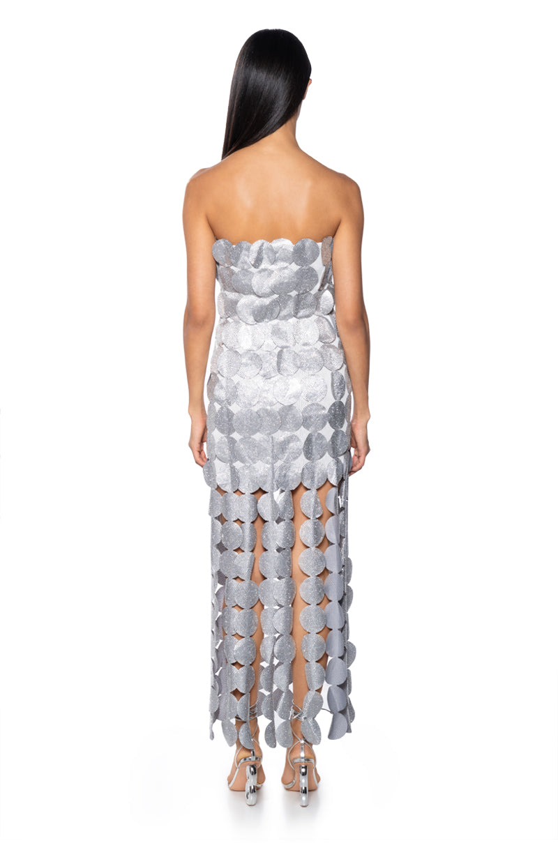 SHE IS THE MOMENT STRAPLESS RHINESTONE DISC MAXI DRESS