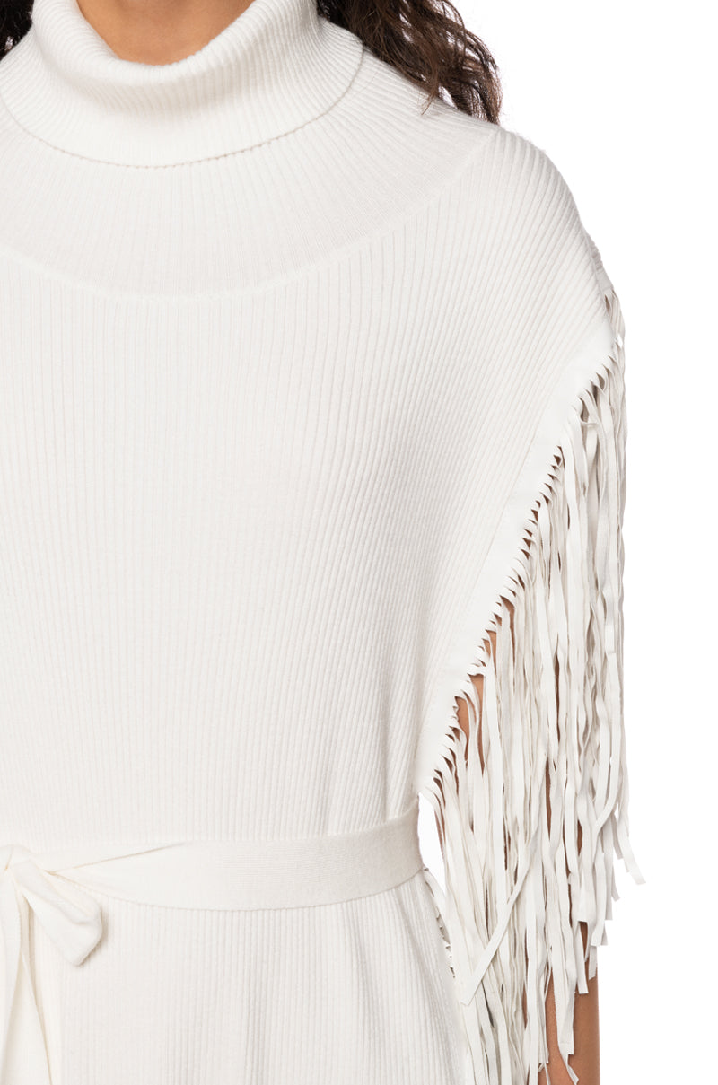 CHEYENNE FAUX LEATHER FRINGE BELTED SWEATER IN IVORY