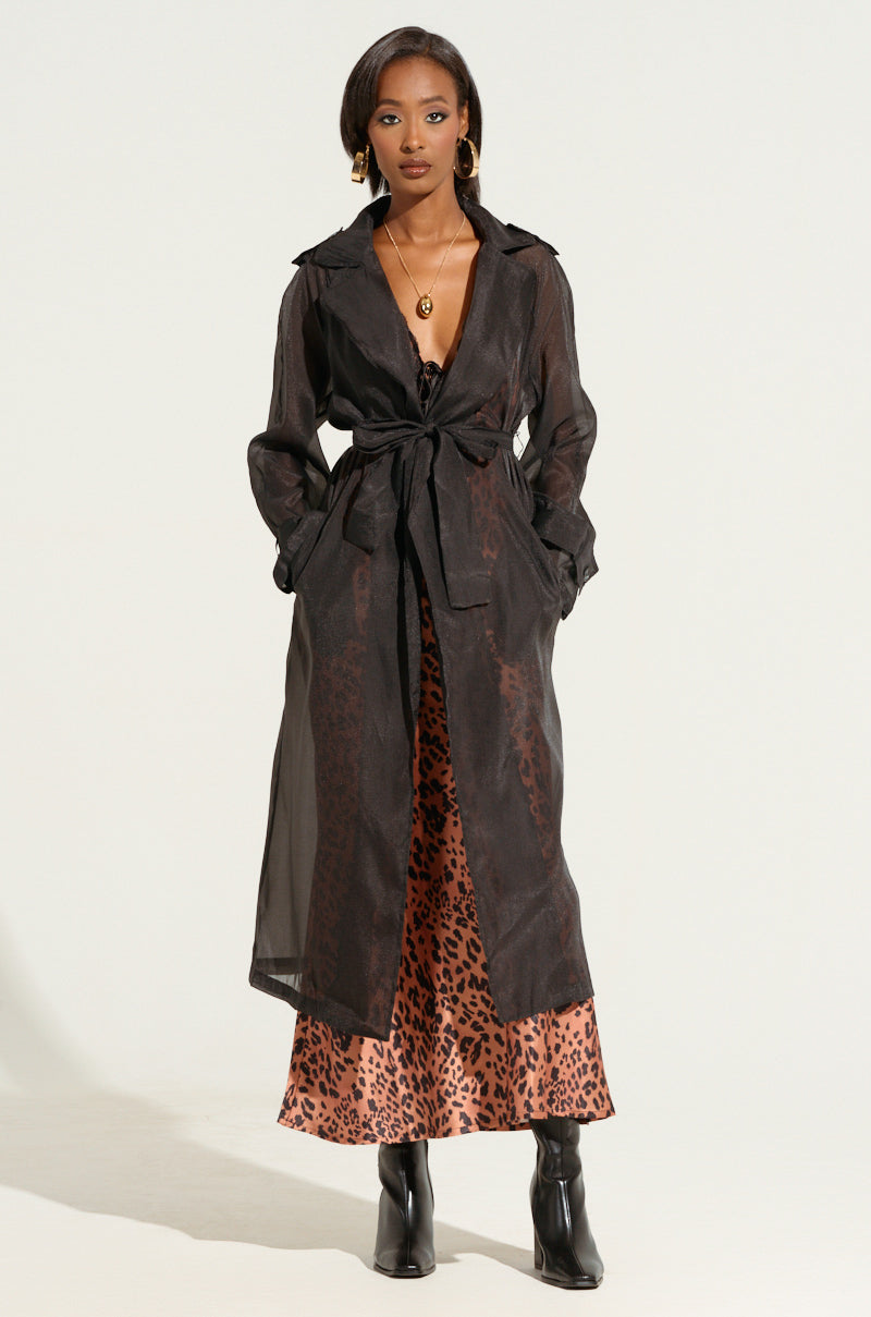 CHIFFON CHATEAU LONG TRENCH IN BLACK