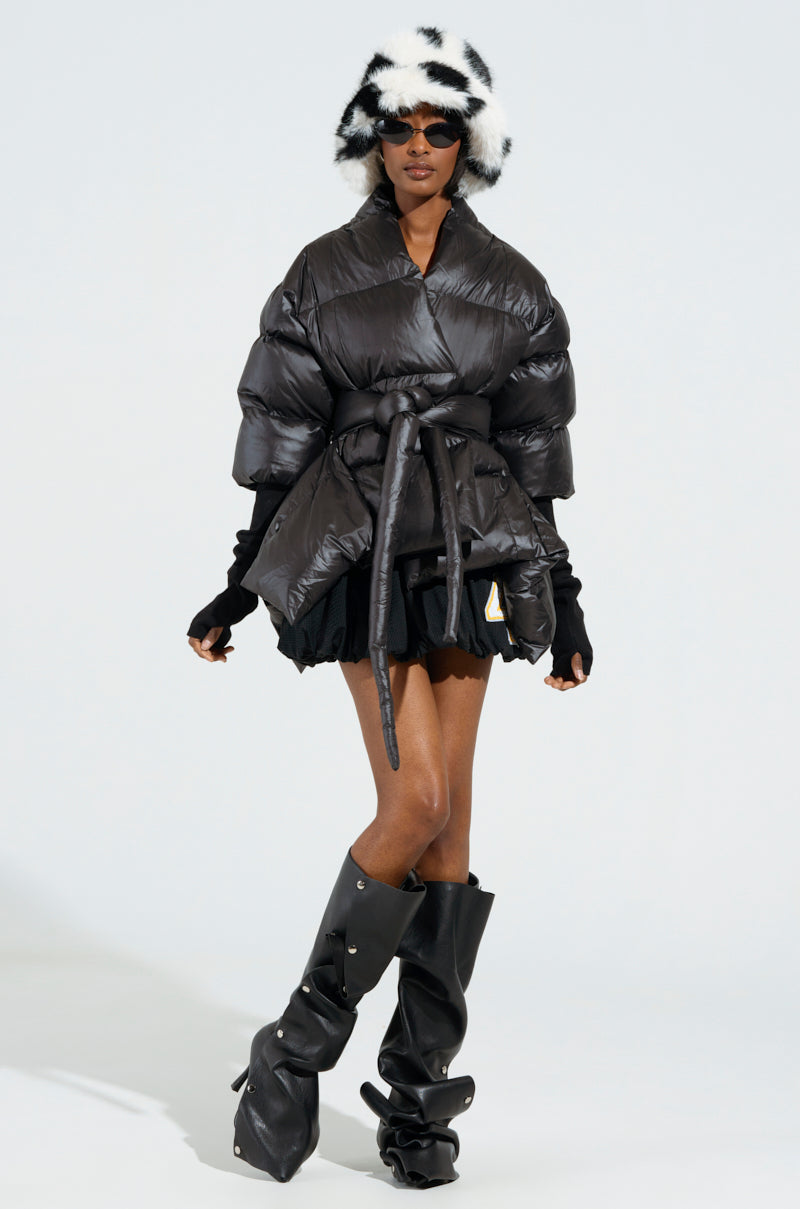 A STEP AHEAD LONG RIBBED SLEEVE PEPLUM PUFFER COAT