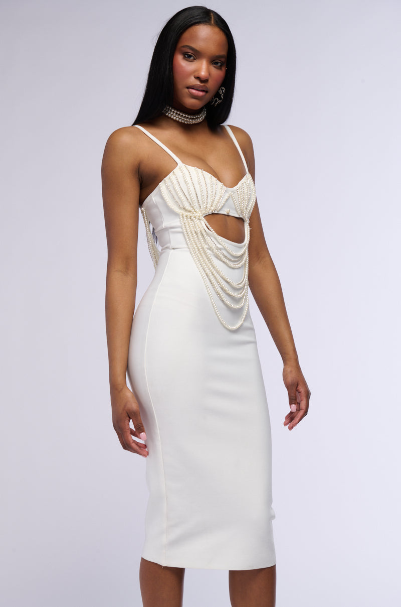 HARRIET DRAPED PEARL BODYCON MIDI DRESS IN WHITE