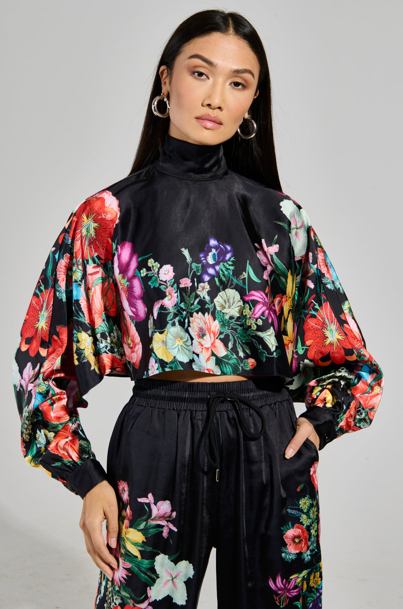 FULL BLOOM SATIN MOCK NECK BLOUSE