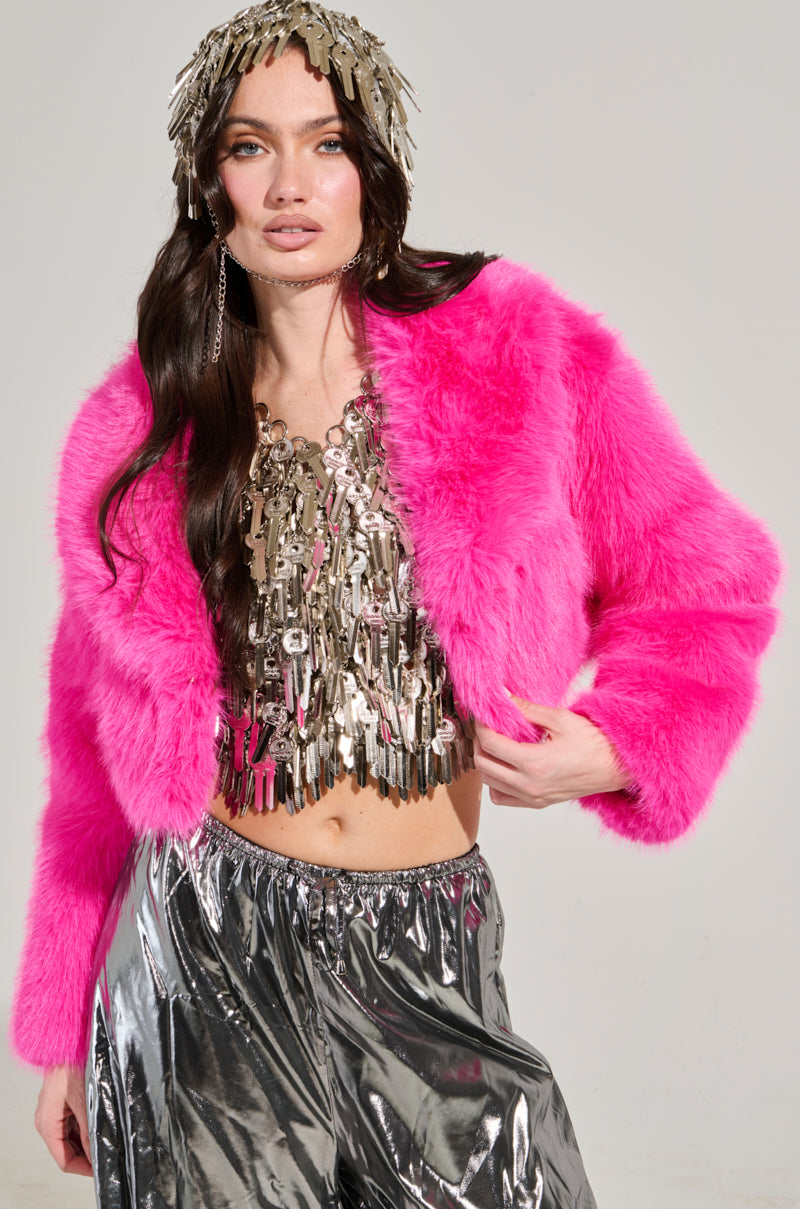 LIGHTS OUT CROPPED FAUX FUR JACKET IN PINK