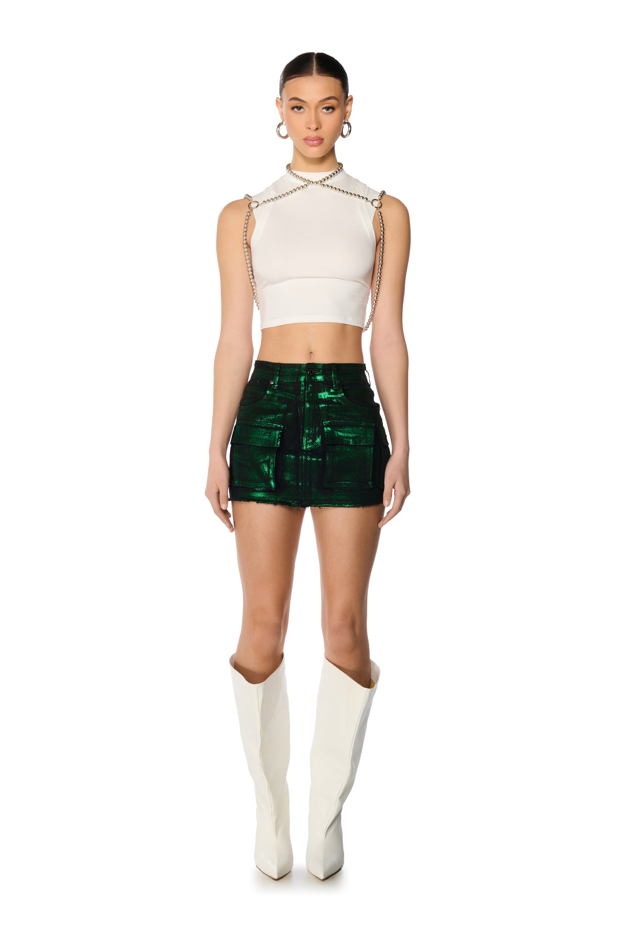 KAROLINA METALLIC GREEN MINI CARGO SKIRT