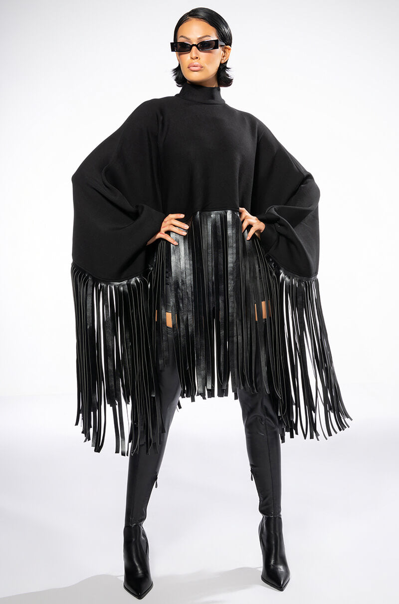 CITY GIRL FAUX LEATHER FRINGE SWEATSHIRT IN BLACK