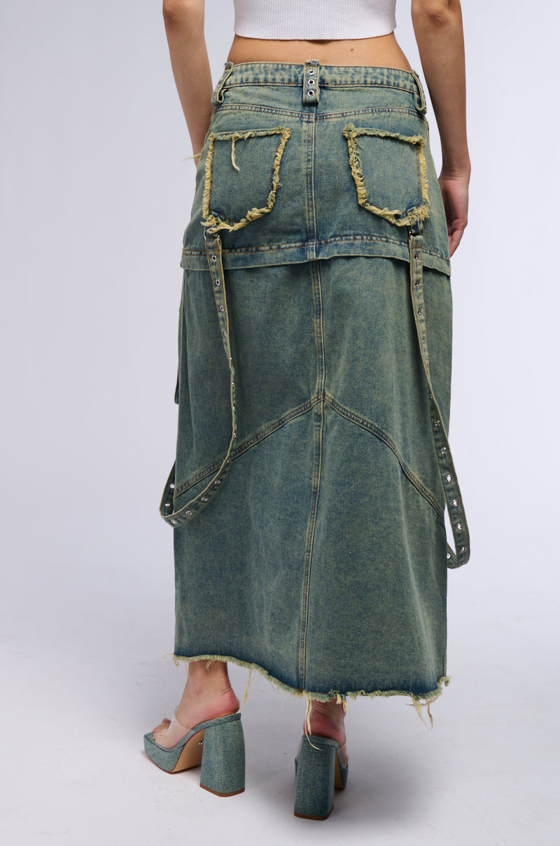 SAY IT AGAIN DISTRESSED MAXI DENIM SKIRT