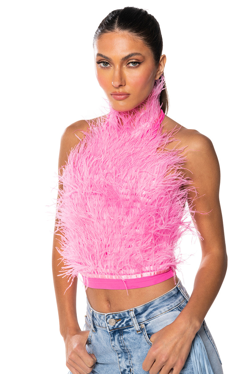 GENUINE OSTRICH FEATHER SLEEVELESS CROPPED HALTER BLOUSE