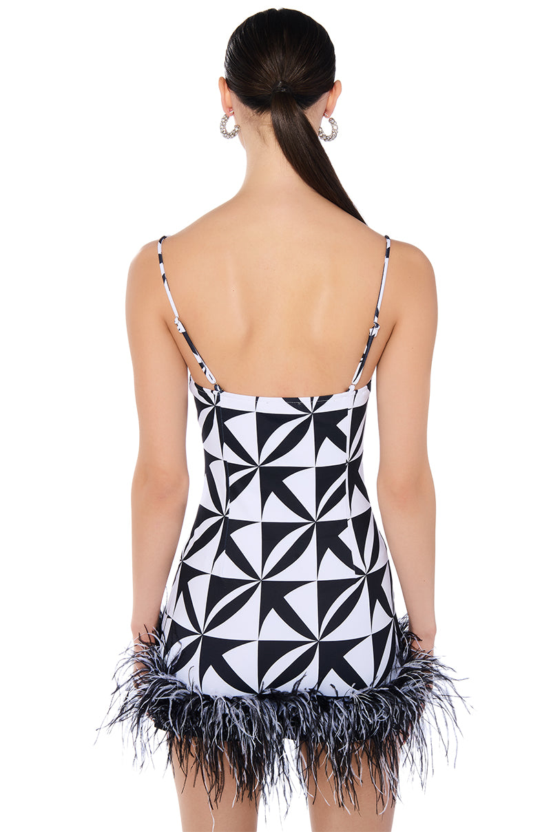 FUNKY TOWN PRINTED FEATHER MINI DRESS