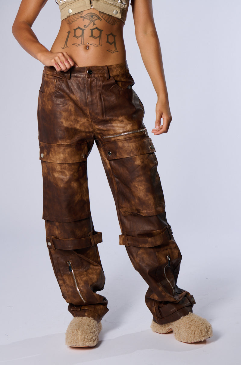 OUT LIKE A BANDIT FAUX LEATHER CARGO PANT IN BROWN