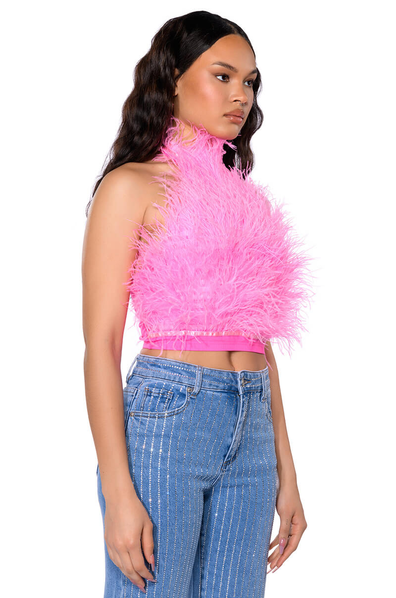 GENUINE OSTRICH FEATHER SLEEVELESS CROPPED HALTER BLOUSE