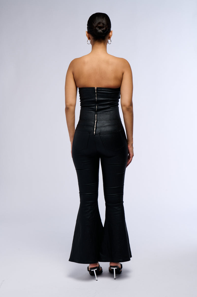 MELODY FLARE LEG FAUX LEATHER JUMPSUIT