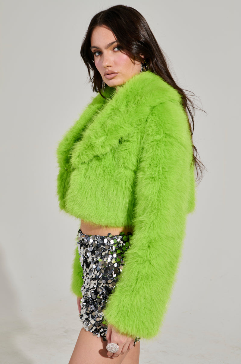 LIGHTS OUT CROPPED FAUX FUR JACKET IN LIME