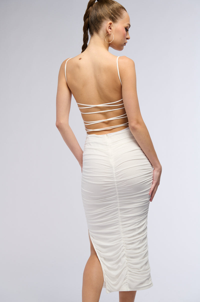 SAMANTHA STRAPPY BACK RUCHED MIDI DRESS