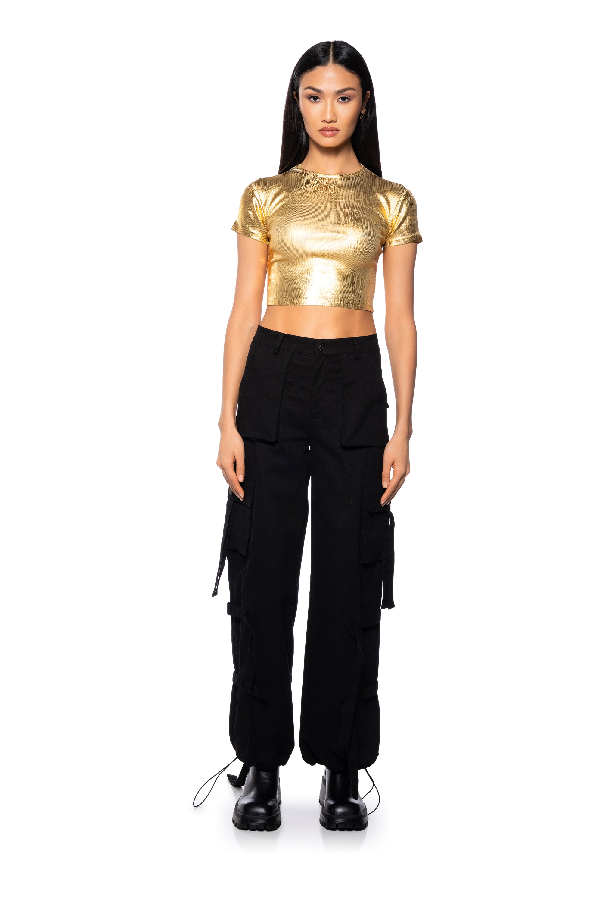 ARIES METALLIC RIB SHORT SLEEVE T SHIRT IN GOLD