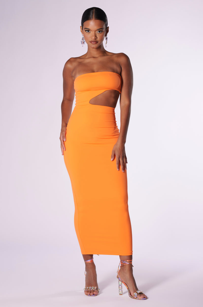 WOKE UP LIKE THIS STRAPLESS CUT OUT MIDI DRESS