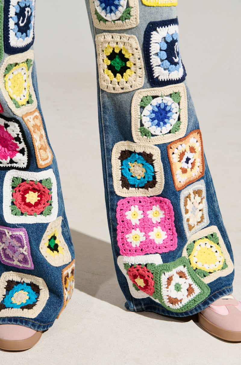 PEACE & LOVE CROCHET EMBROIDERED MID RISE DENIM