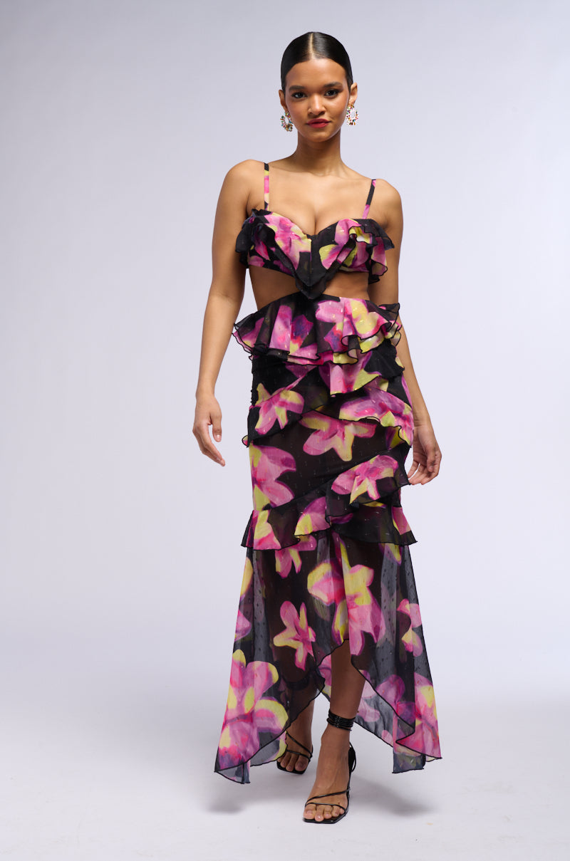 BRING MAY FLOWERS RUFFLED MIDI DRESS