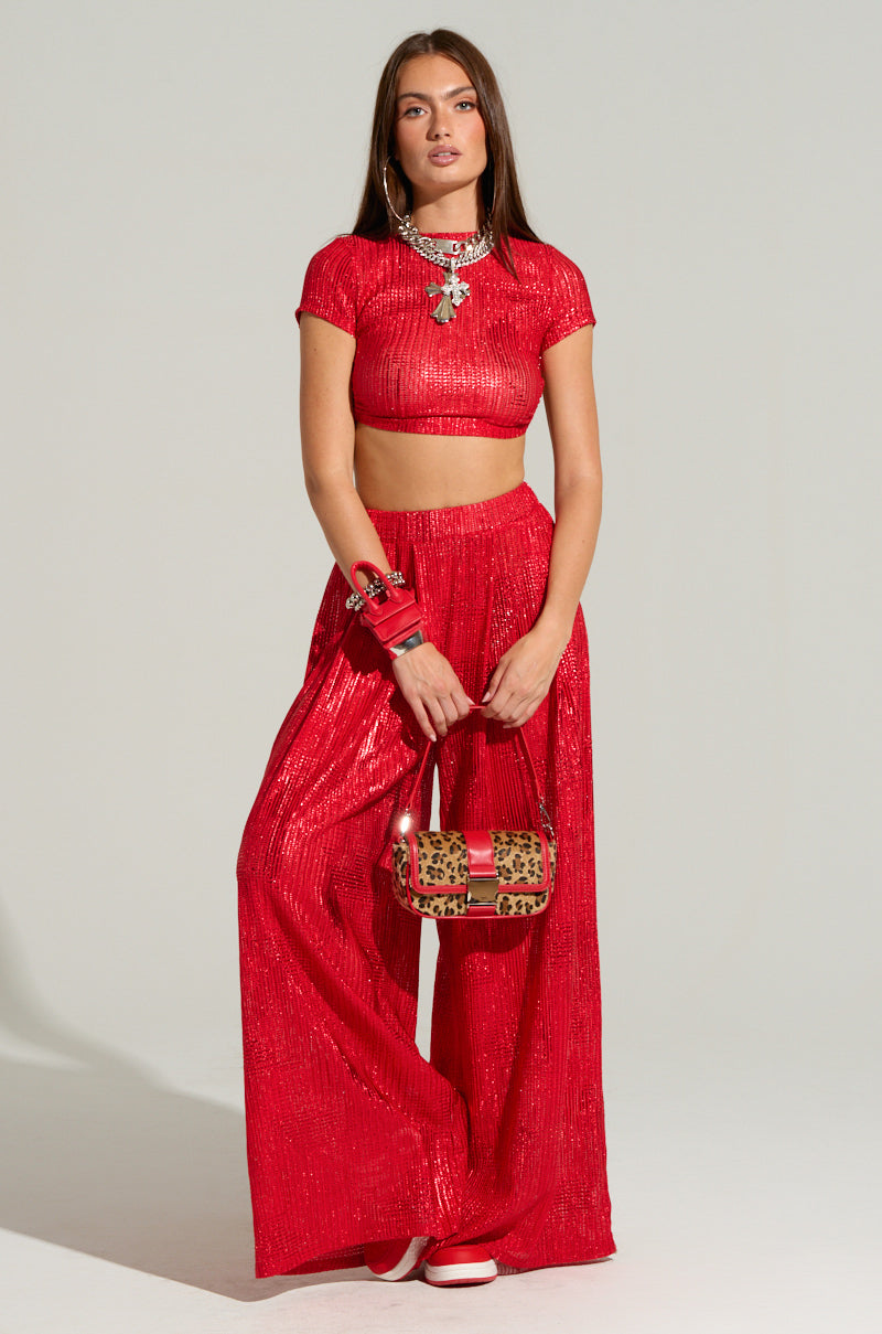 JUST LIKE MAGIC METALLIC WIDE LEG PANT IN RED