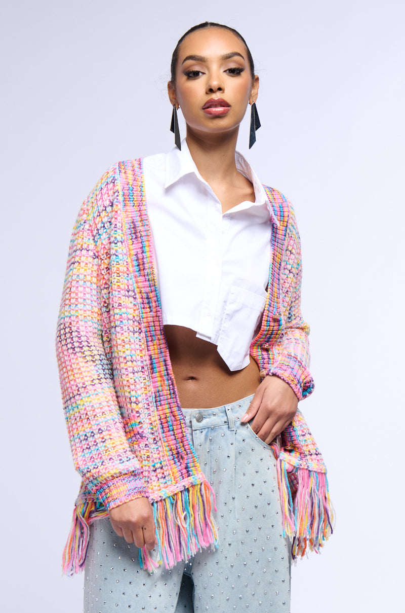 LOOKIN IN THE MIRROR MULTICOLOR FRINGE CARDIGAN