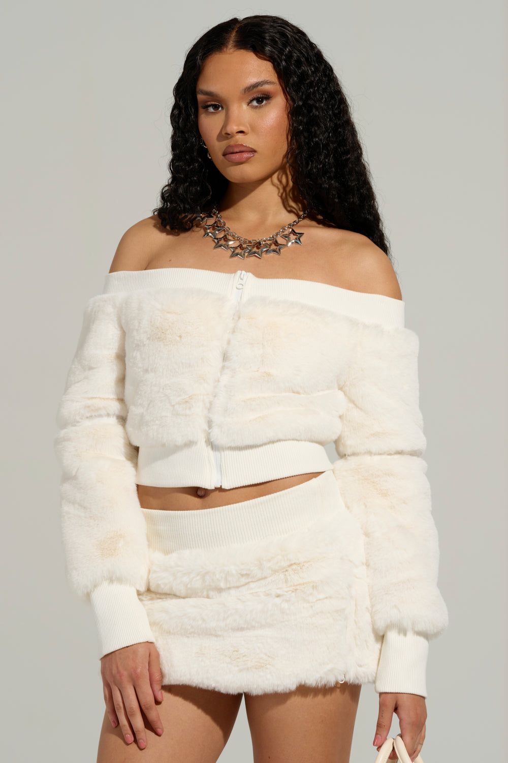 COLDEST WINTER OFF THE SHOULDER FUR TOP IN WHITE