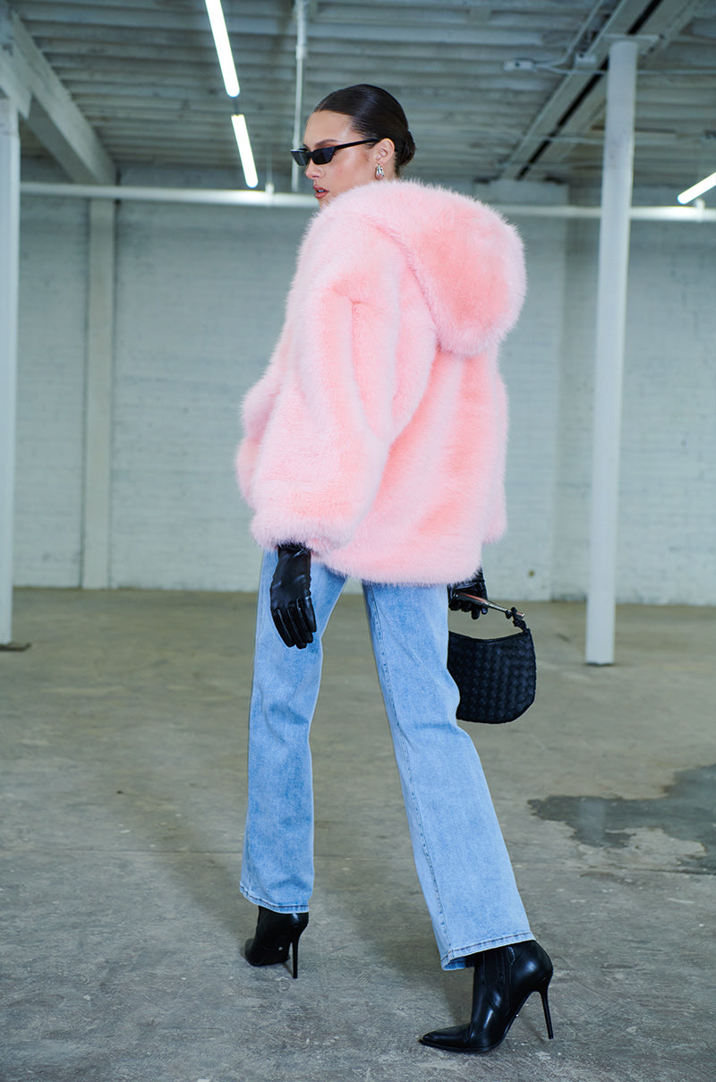 LANA HOODED FAUX FUR COAT IN PINK