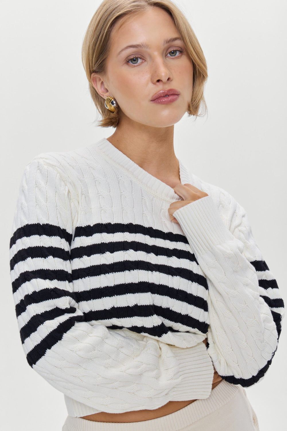 Varsity Striped Cable Knit Sweater - Ivory