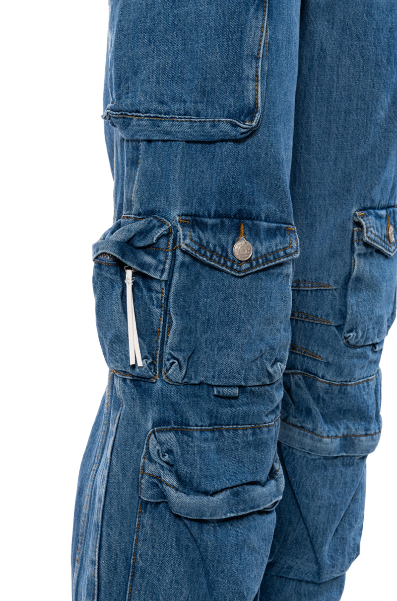 THE ULTIMATE DENIM CARGO PANT IN MEDIUM BLUE DENIM