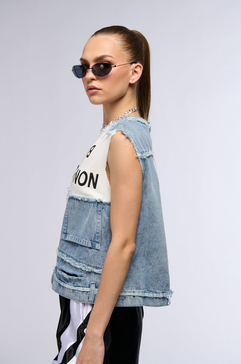 NONE OF YOUR BUSINESS SLEEVELESS DISTRESSED DENIM TOP