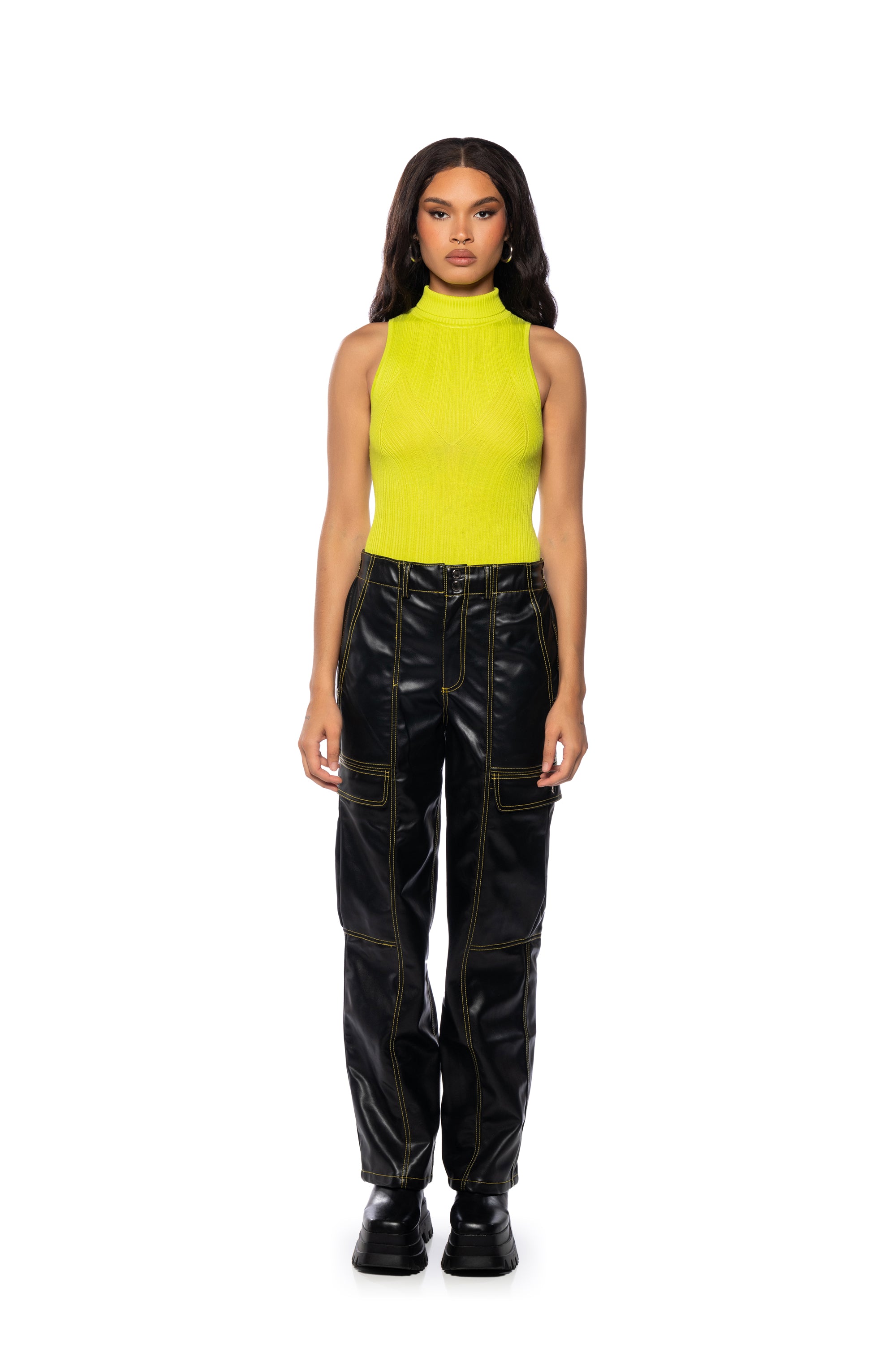 PAXTON SLEEVELESS SEXY TURTLENECK RIB BODYSUIT IN LIME