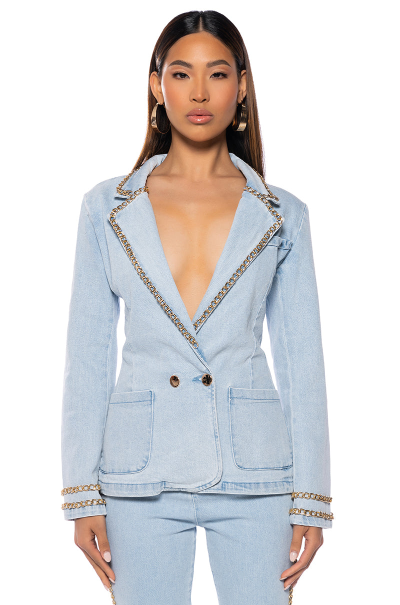 ME MYSELF AND I CHAIN DETAIL DENIM BLAZER