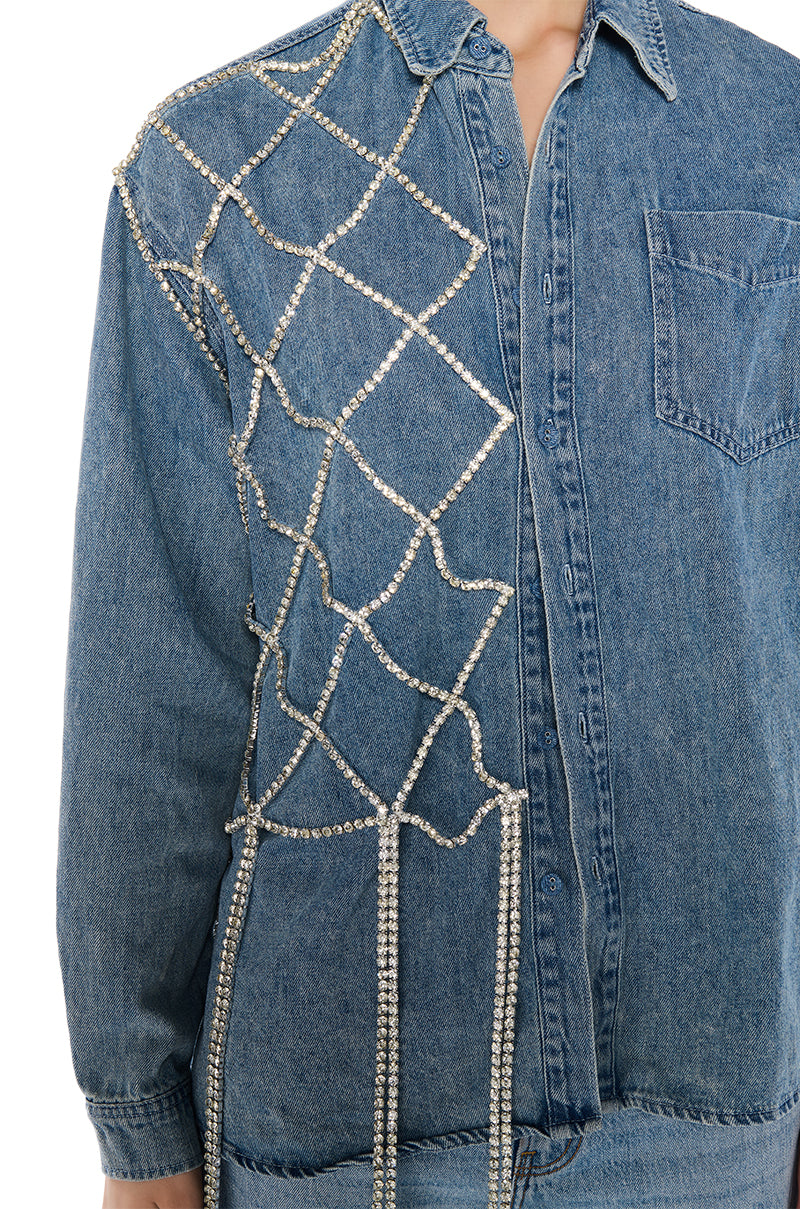 BLING RING RHINESTONE FRINGE BUTTON DOWN DENIM SHIRT