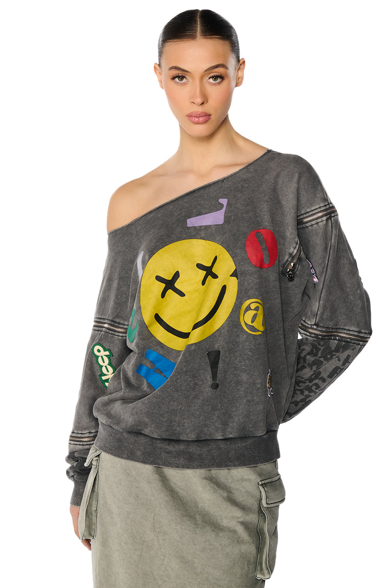 NO BAD VIBES OFF THE SHOULDER MINERAL WASH SWEATSHIRT