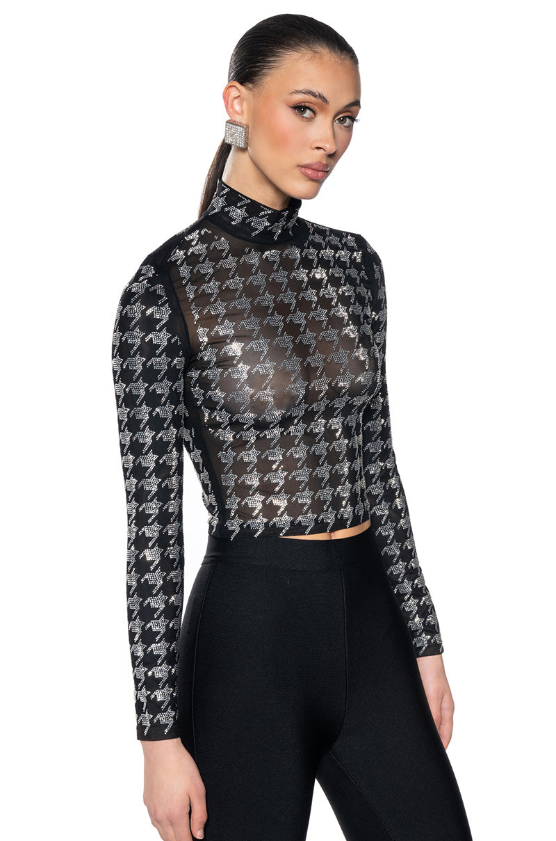 HOUNDSTOOTH GLAMOUR MOCK NECK LONG SLEEVE MESH TEE