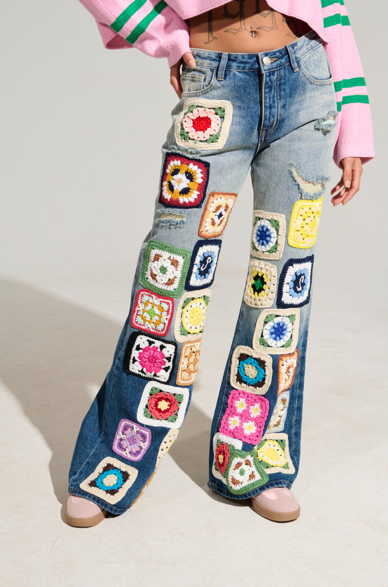 PEACE & LOVE CROCHET EMBROIDERED MID RISE DENIM