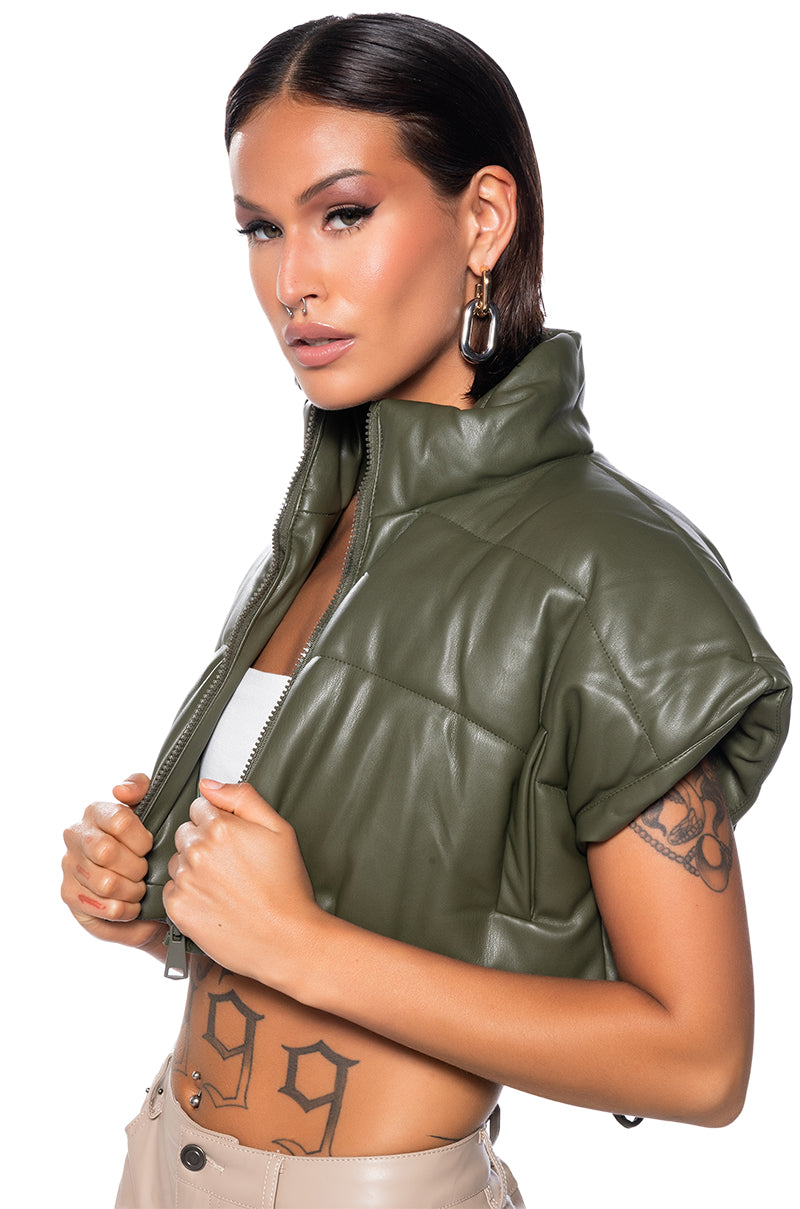 ULTRA CROP PU VEST WITH PULL STRINGS IN OLIVE