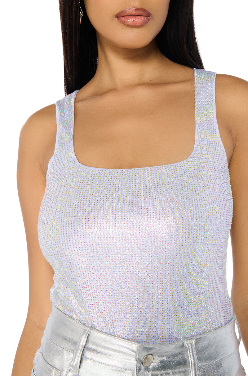 HEATED RHINESTONE MESH BODYSUIT IN SILVER