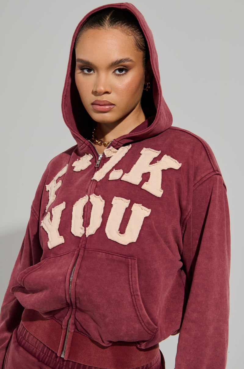 GRAPHIC LANGUAGE MINERAL WASH ZIP UP SWEATSHIRT IN BURGUNDY